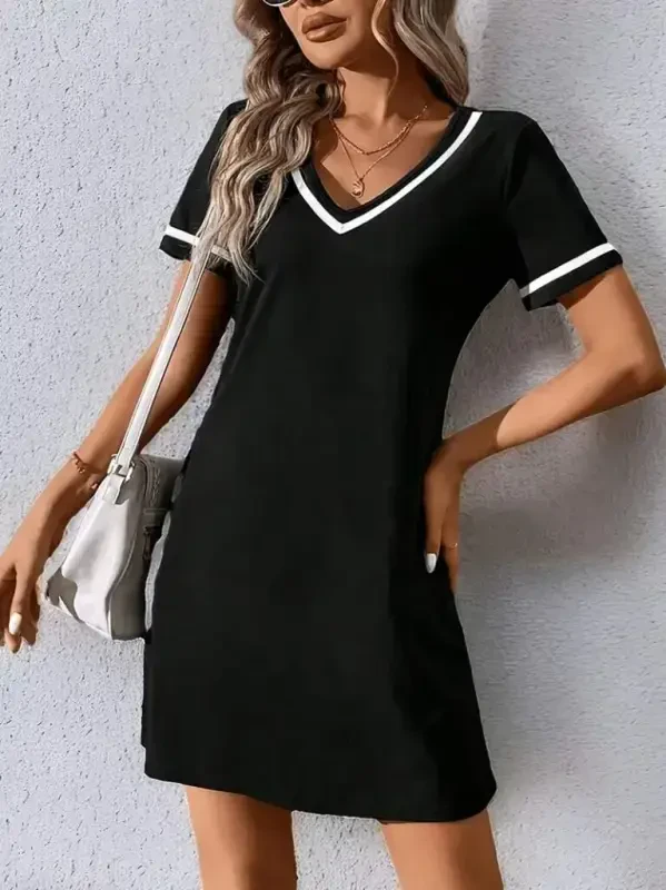 Women's Short Sleeve V-neck Striped Short Viscose Dress - 5