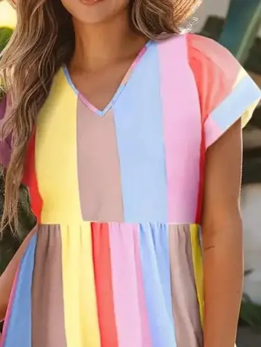 Women's Short Sleeve V-Neck Striped Supima Dress - BÜYÜKBEDENIZ (1)