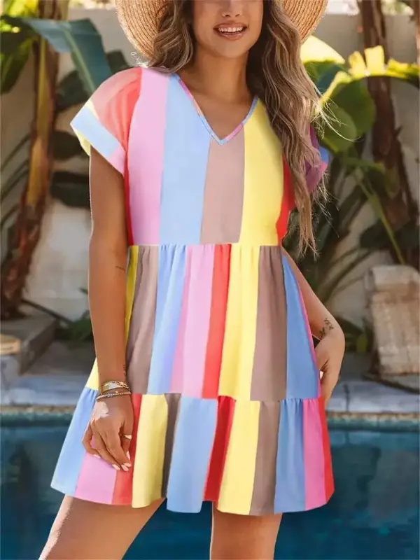 Women's Short Sleeve V-Neck Striped Supima Dress - 3