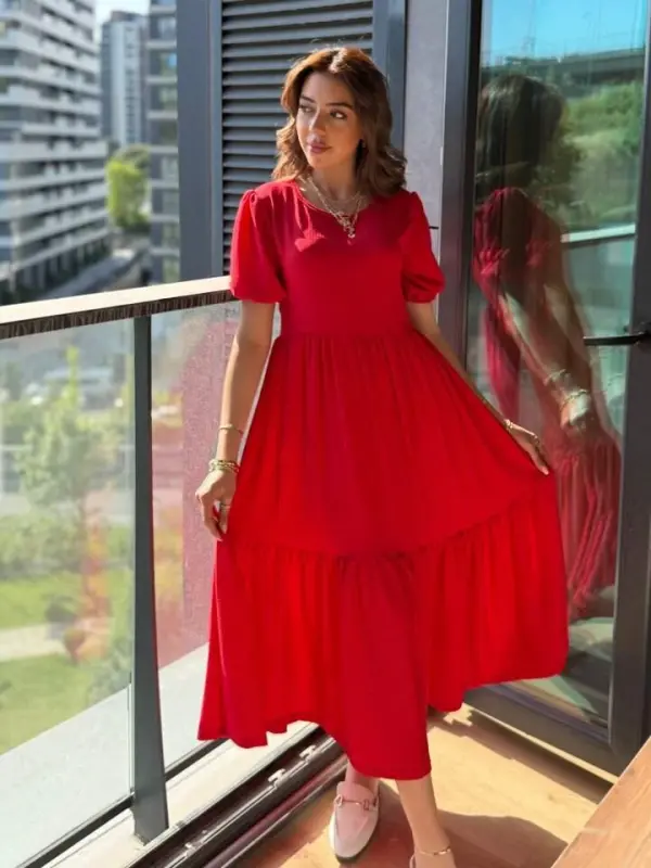 Women's Short Sleeve V Neck Tiered Crinkle Balloon Dress - BÜYÜKBEDENIZ