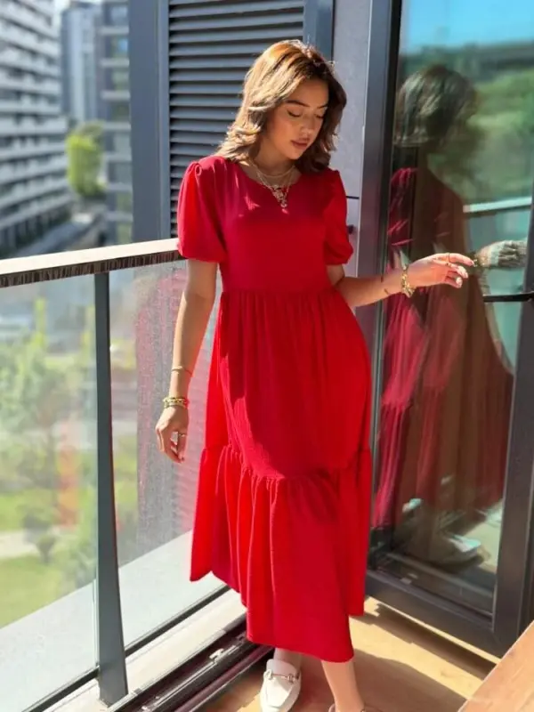 Women's Short Sleeve V Neck Tiered Crinkle Balloon Dress - 3