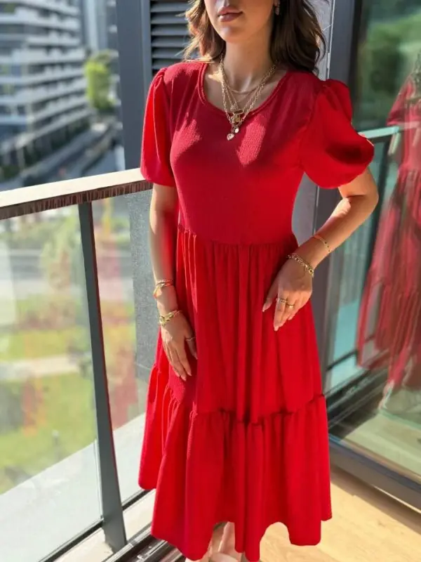 Women's Short Sleeve V Neck Tiered Crinkle Balloon Dress - 4