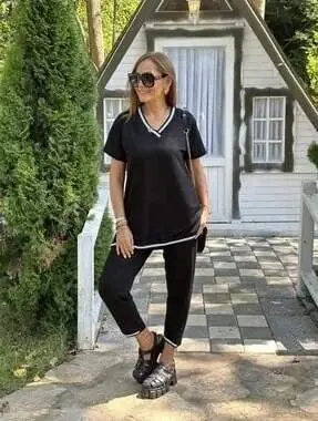 Women's Short Sleeve V-Neck Two Thread Blouse and Pants Set - 3