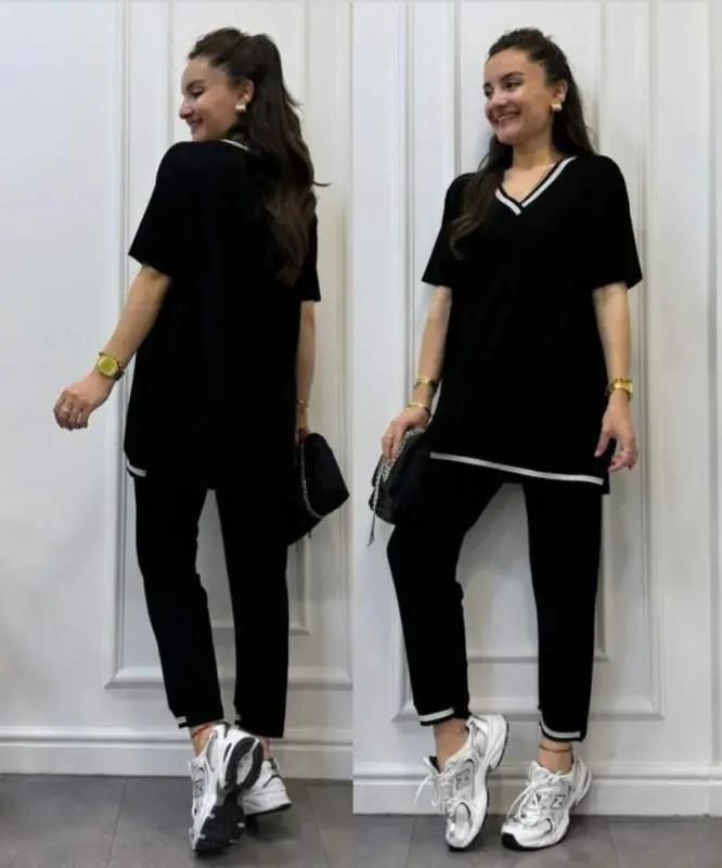 Women's Short Sleeve V-Neck Two Thread Blouse and Pants Set - 9