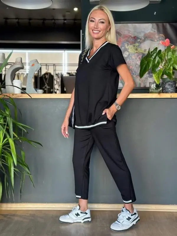 Women's Short Sleeve V-Neck Two Thread Blouse and Pants Set - 12