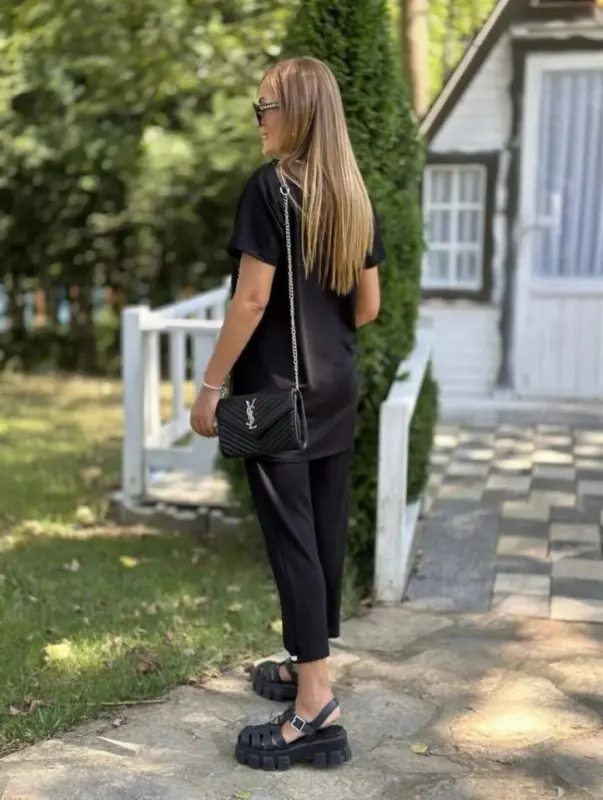 Women's Short Sleeve V-Neck Two Thread Blouse and Pants Set - 15