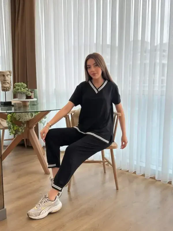 Women's Short Sleeve V-Neck Two Thread Blouse and Pants Set - BÜYÜKBEDENIZ