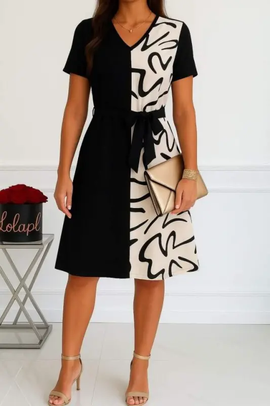 Women's Short Sleeve V Neck Two Tone Patterned Belted Atlas Dress - 1