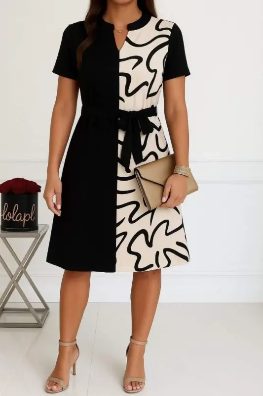 Women's Short Sleeve V-Neck Two-Tone Patterned Belted Satin Dress - BÜYÜKBEDENIZ