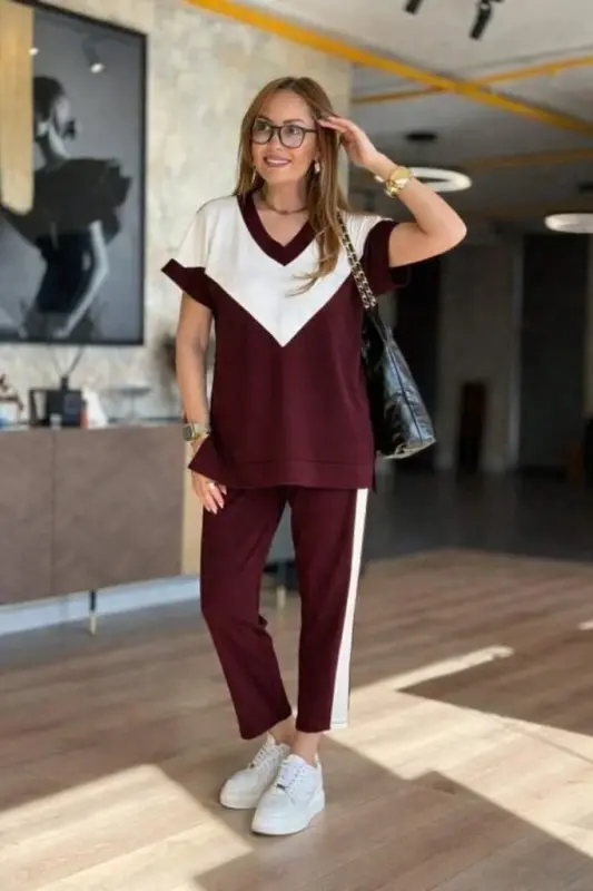Women's Short Sleeve V-Neck Two-Tone Viscose Two-Thread Two-Piece Blouse And Pants Set - 4