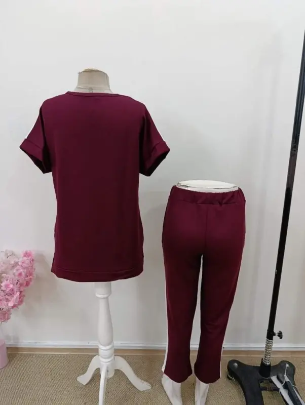 Women's Short Sleeve V-Neck Two-Tone Viscose Two-Thread Two-Piece Blouse And Pants Set - 6