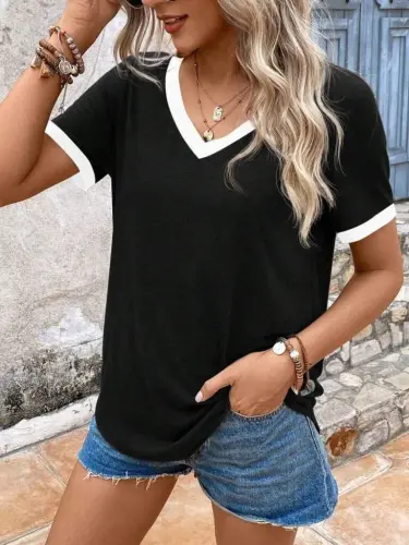 Women's Short Sleeve V Neck Viscose Blouse - 8