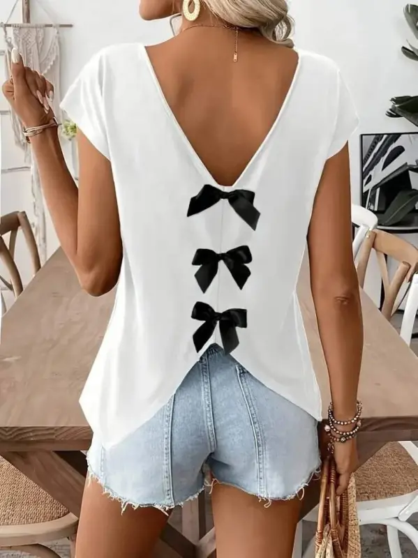 Women's Short Sleeve V-Neck Viscose Blouse with Back Ribbon Detail - BÜYÜKBEDENIZ