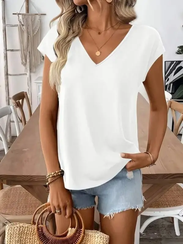 Women's Short Sleeve V-Neck Viscose Blouse with Back Ribbon Detail - 2