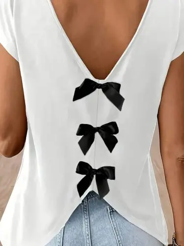 Women's Short Sleeve V-Neck Viscose Blouse with Back Ribbon Detail - 5