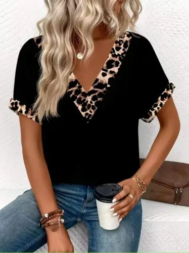 Women's Short Sleeve V-Neck Viscose Blouse with Leopard Print - 1
