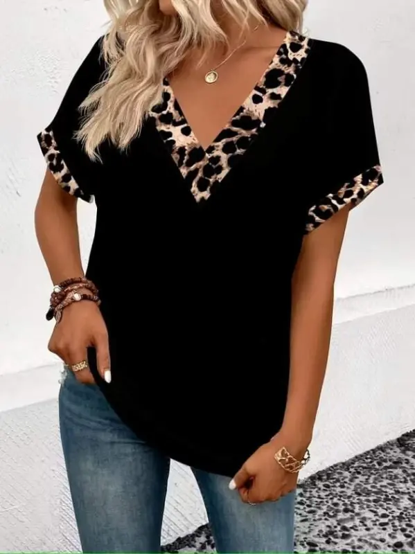 Women's Short Sleeve V-Neck Viscose Blouse with Leopard Print - 2