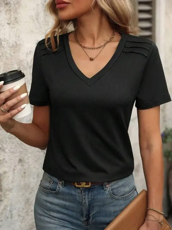 Women's Short Sleeve V-Neck Viscose Blouse with Shoulder Line Detail - 2