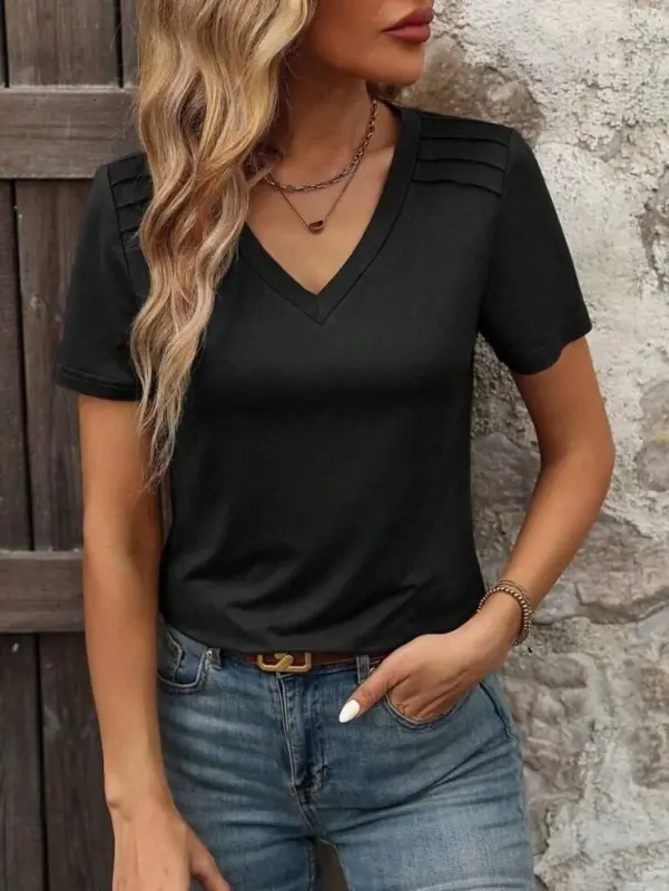 Women's Short Sleeve V-Neck Viscose Blouse with Shoulder Line Detail - 4