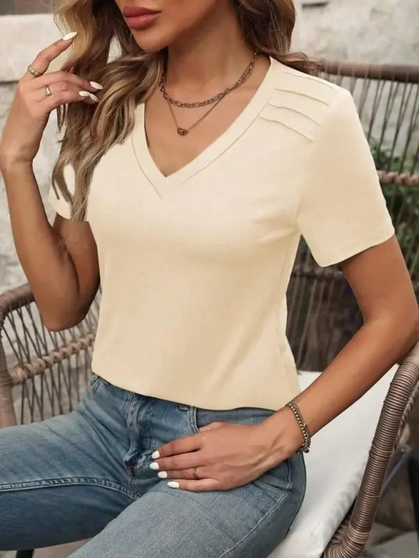 Women's Short Sleeve V-Neck Viscose Blouse with Shoulder Line Detail - 2