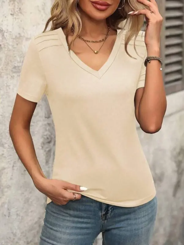 Women's Short Sleeve V-Neck Viscose Blouse with Shoulder Line Detail - 4