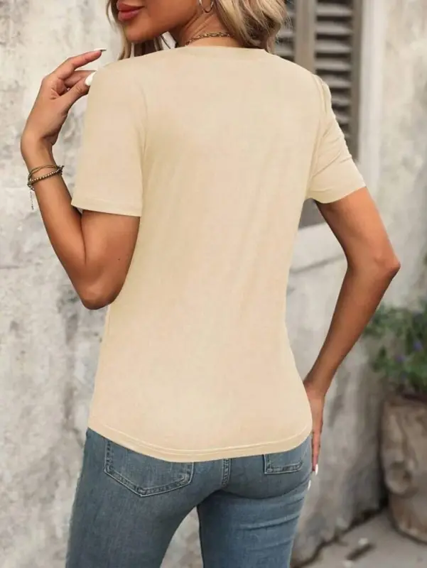 Women's Short Sleeve V-Neck Viscose Blouse with Shoulder Line Detail - 5