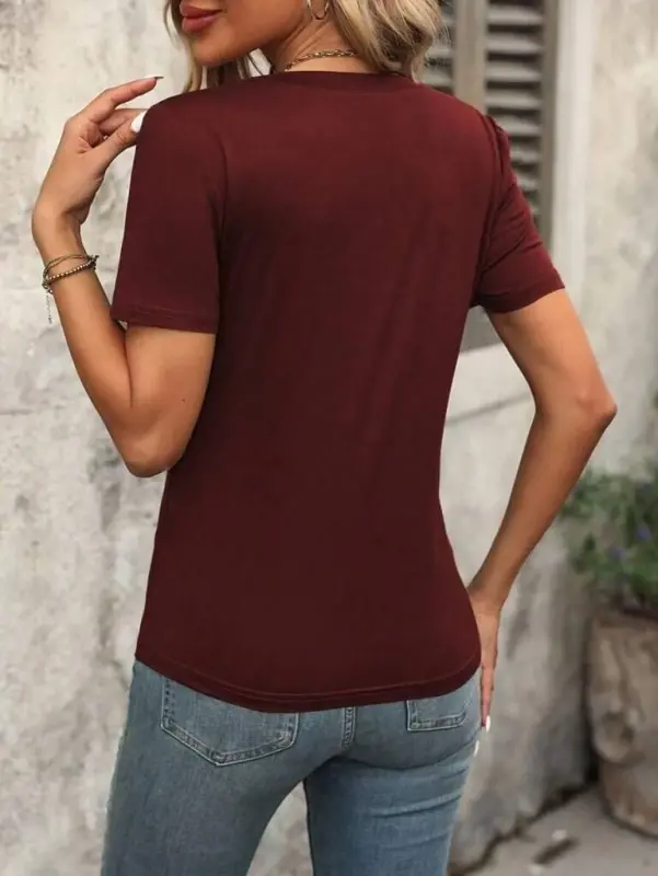 Women's Short Sleeve V-Neck Viscose Blouse with Shoulder Line Detail - 7