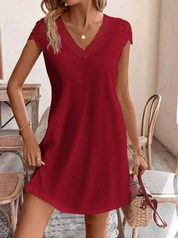 Women's Short Sleeve V-Neck Viscose Dress - BÜYÜKBEDENIZ