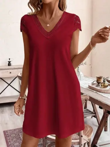 Women's Short Sleeve V-Neck Viscose Dress - BÜYÜKBEDENIZ (1)