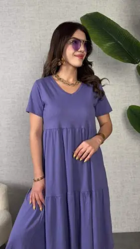Women's Short Sleeve V Neck Viscose Dress - 1