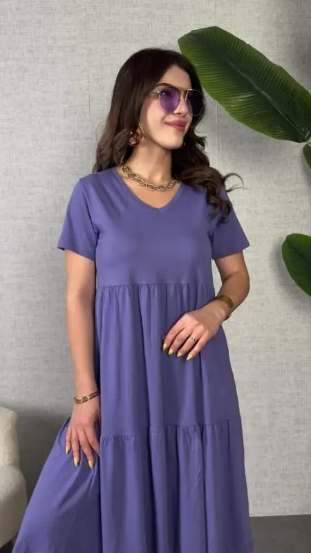 Women's Short Sleeve V-Neck Viscose Dress - 1