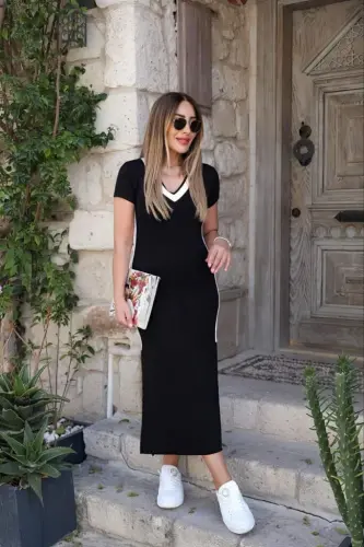 Women's Short Sleeve V-Neck Viscose Maxi Dress with Side Strip and Slit - 2