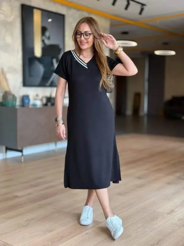 Women's Short Sleeve V Ribbed Collar Slit Midi Viscose Two Thread Dress - 2