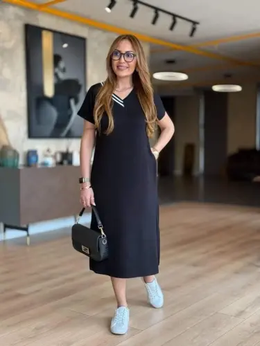 Women's Short Sleeve V Ribbed Collar Slit Midi Viscose Two Thread Dress - 4