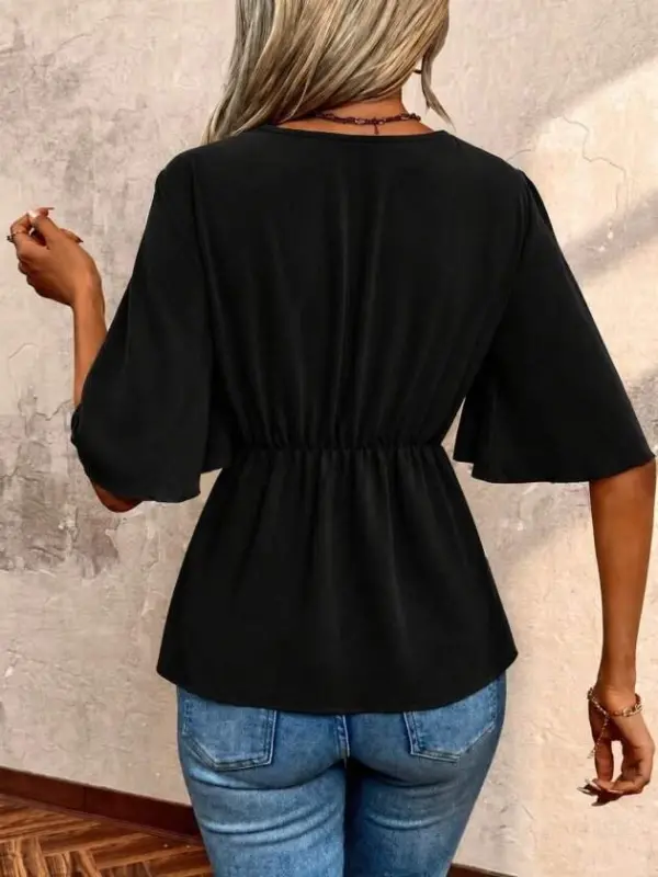 Women's Short Sleeve Wrap Neck Belted Aerobin Blouse - 2