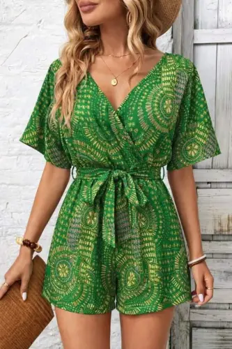 Women's Short Sleeve Wrap Neck Belted Patterned Short Jersey Jumpsuit - 1