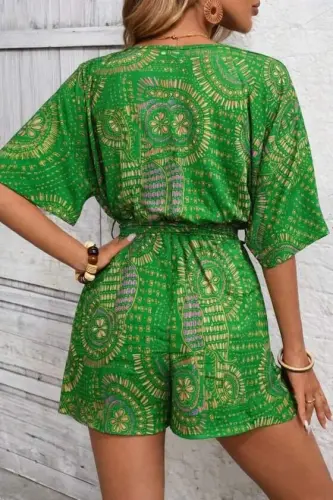 Women's Short Sleeve Wrap Neck Belted Patterned Short Jersey Jumpsuit - 3