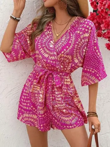 Women's Short Sleeve Wrap Neck Belted Patterned Short Suprem Jumpsuit - 1
