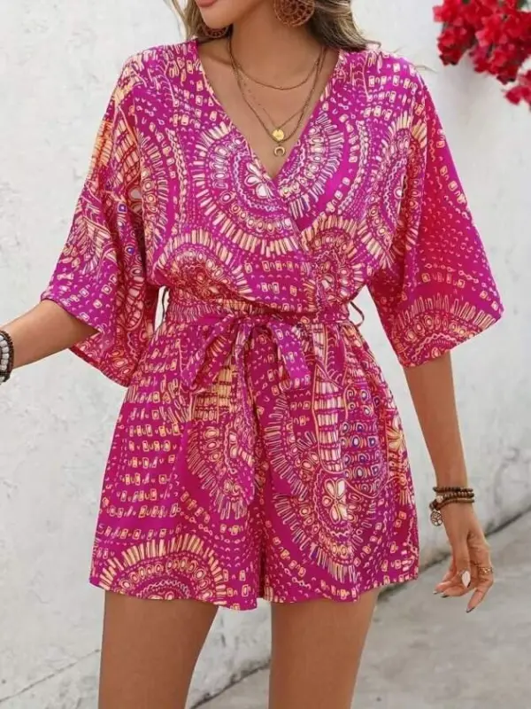 Women's Short Sleeve Wrap Neck Belted Patterned Short Suprem Jumpsuit - 3