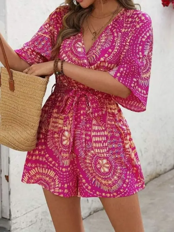 Women's Short Sleeve Wrap Neck Belted Patterned Short Suprem Jumpsuit - 4