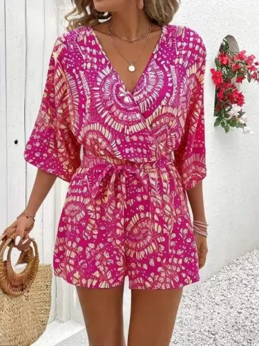 Women's Short Sleeve Wrap Neck Belted Patterned Short Suprem Jumpsuit - 5