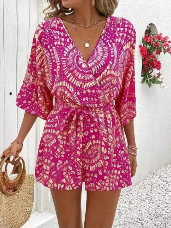 Women's Short Sleeve Wrap Neck Belted Patterned Short Suprem Jumpsuit - 5
