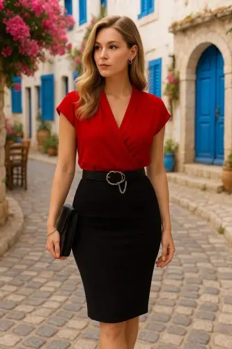 Women's Short Sleeve Wrap Neck Crepe Dress (Without Belt) - 4