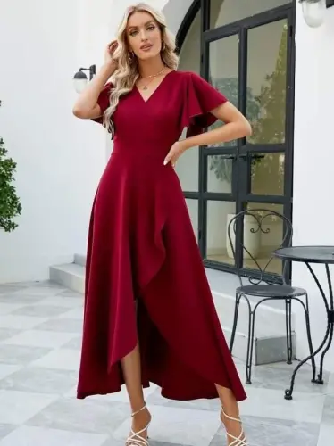 Women's Short Sleeve Wrap Neck Front Asymmetrical Ruffled Long Imported Crepe Dress - 1
