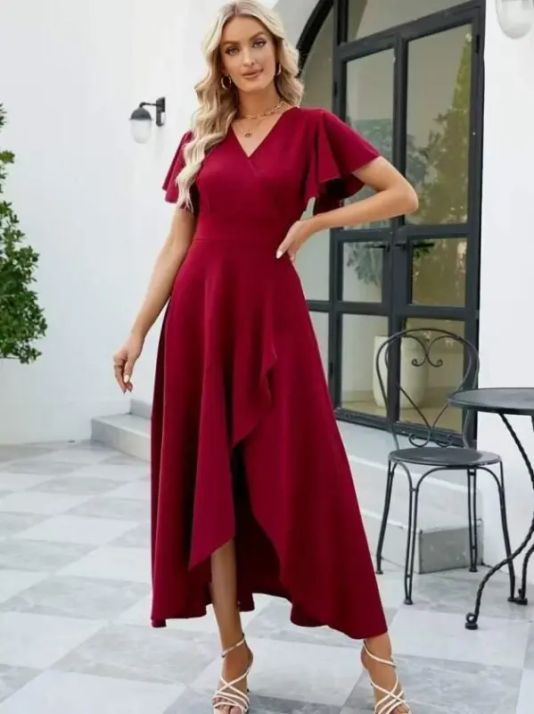 Women's Short Sleeve Wrap Neck Front Asymmetrical Ruffled Long Imported Crepe Dress - 2