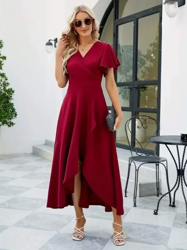 Women's Short Sleeve Wrap Neck Front Asymmetrical Ruffled Long Imported Crepe Dress - 3