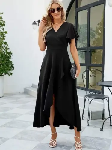 Women's Short Sleeve Wrap Neck Front Asymmetrical Ruffled Long Imported Crepe Dress - 3