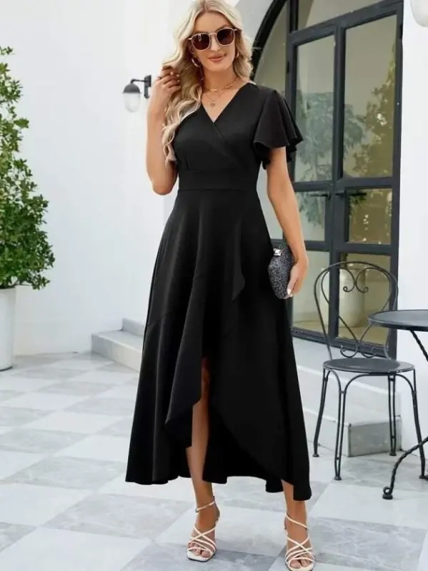 Women's Short Sleeve Wrap Neck Front Asymmetrical Ruffled Long Imported Crepe Dress - 3