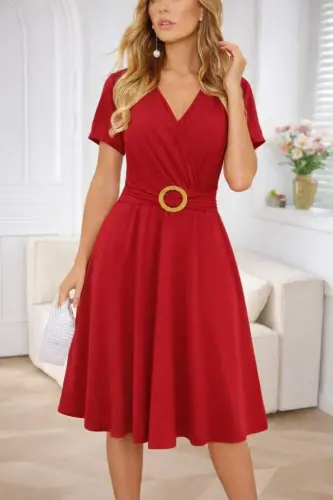 Women's Short Sleeve Wrap Neck Front Buckle Detailed Short Viscose Dress - 1