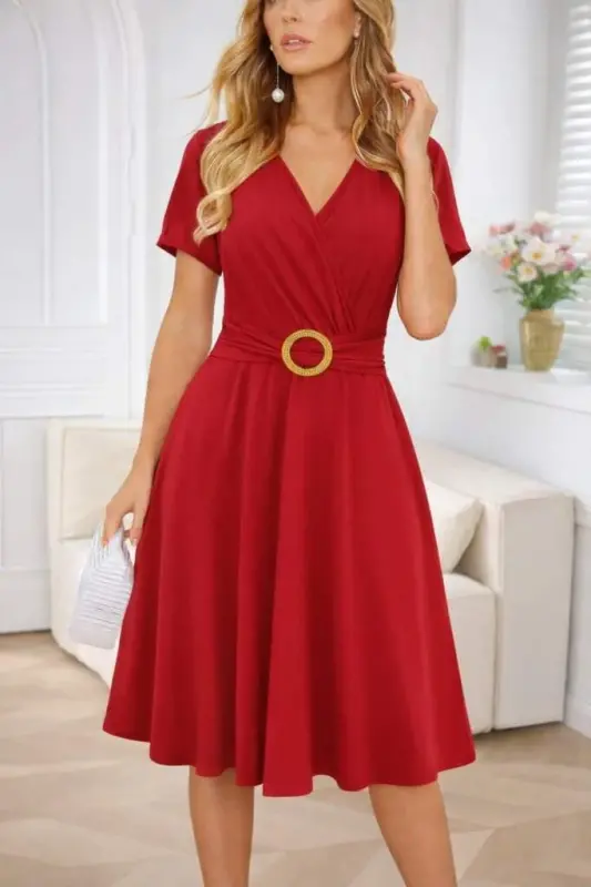 Women's Short Sleeve Wrap Neck Front Buckle Detailed Short Viscose Dress - 1